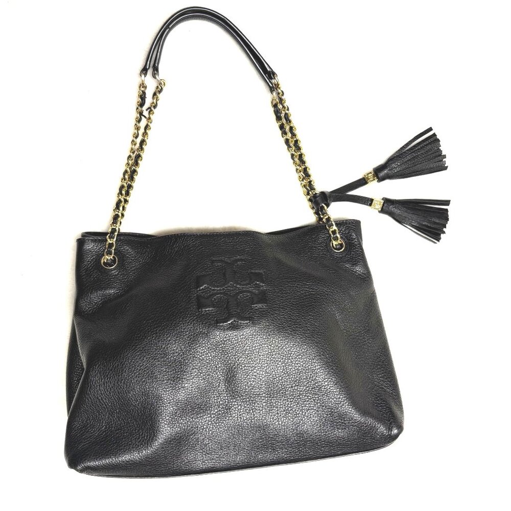 Tory Burch Thea Chain Slouchy Shoulder Bag $495 black/gold logo handbag purse